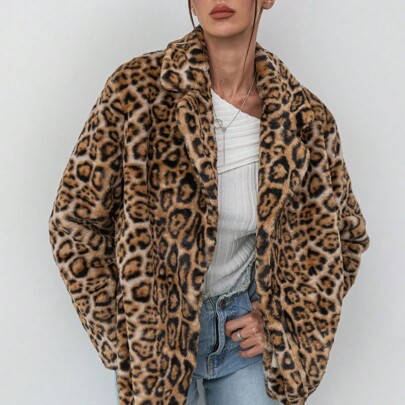 Women's Fashionable Leopard Patterned Turndown Collar Thick Warm Long Fluffy Coat Leopard Coat Leopard Costume Animal Print Jacket | SHEIN