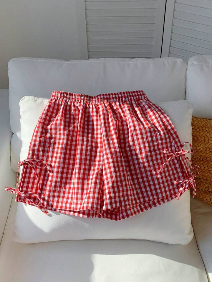 Comfortcana Red Plaid Woven Women's Side Lace-Up Shorts Valentine's Day | SHEIN