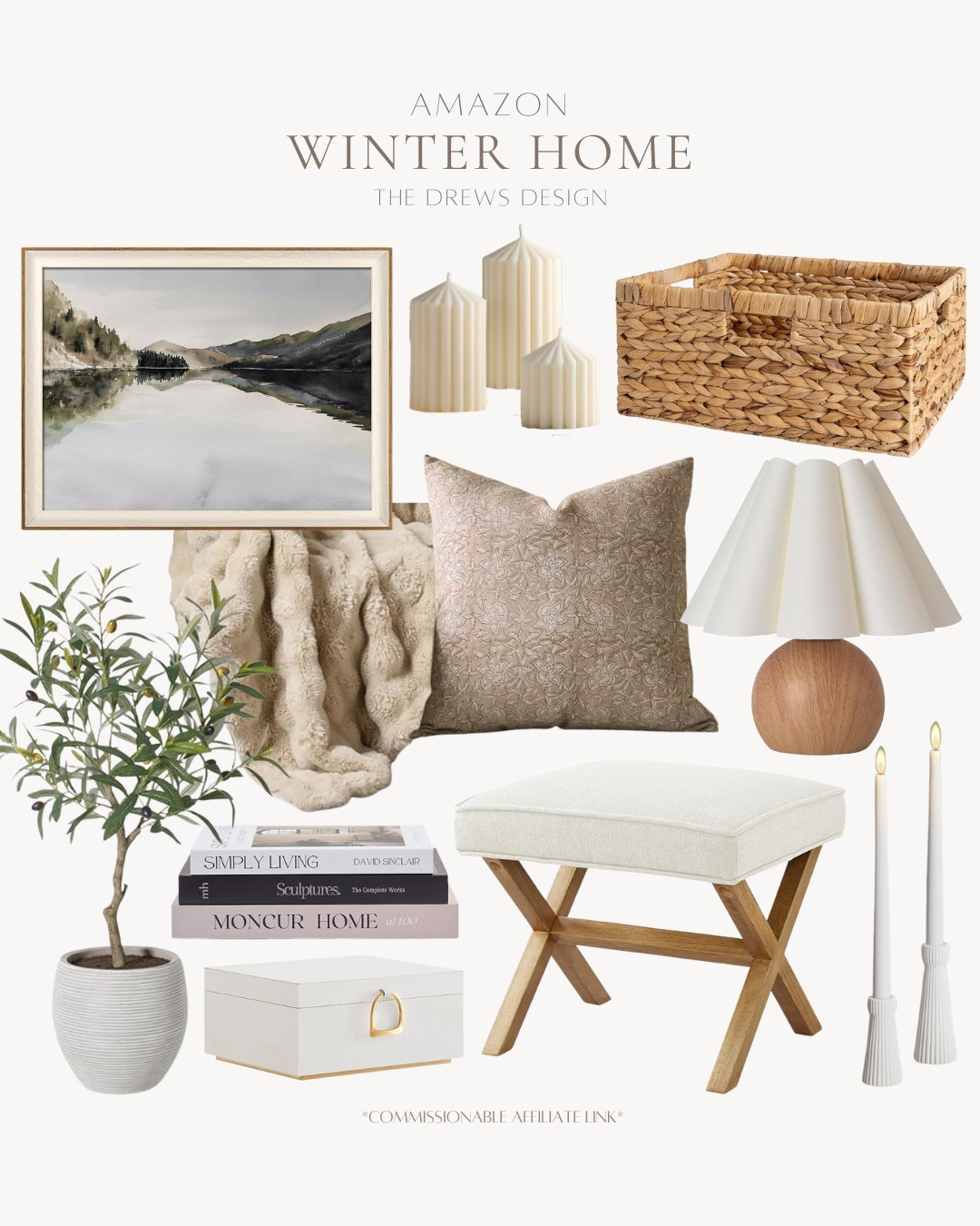 Winter home accents include table lamp, ottoman, candle stick holder, decorative box, decorative books, faux tree, blanket, pillow, basket, pillar candles, and wall art.

Home decor, neutral decor, looks for less, winter home

#LTKHome #LTKFindsUnder50 #LTKFindsUnder100
