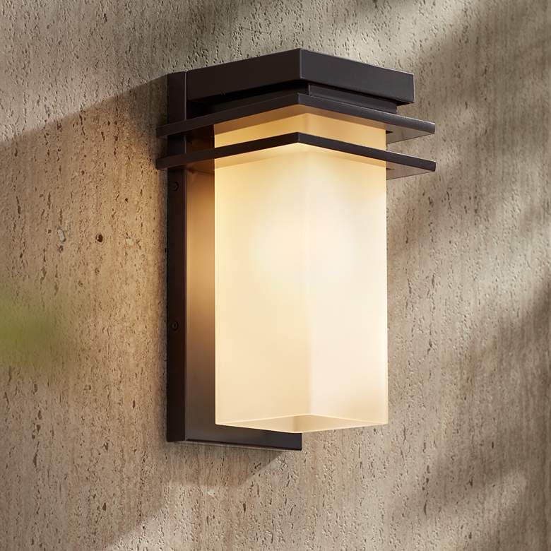 Bernadine 12" High Bronze and Amber Glass Outdoor Wall Light - #79G24 | Lamps Plus | Lamps Plus