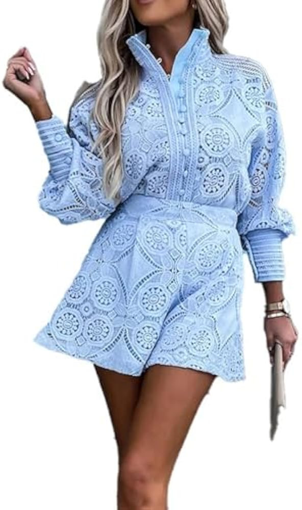 Ru Sweet Womens Lace Eyelet 2 Piece Outfit Crochet Button Down Shirt Top Shorts Set | Amazon (US)