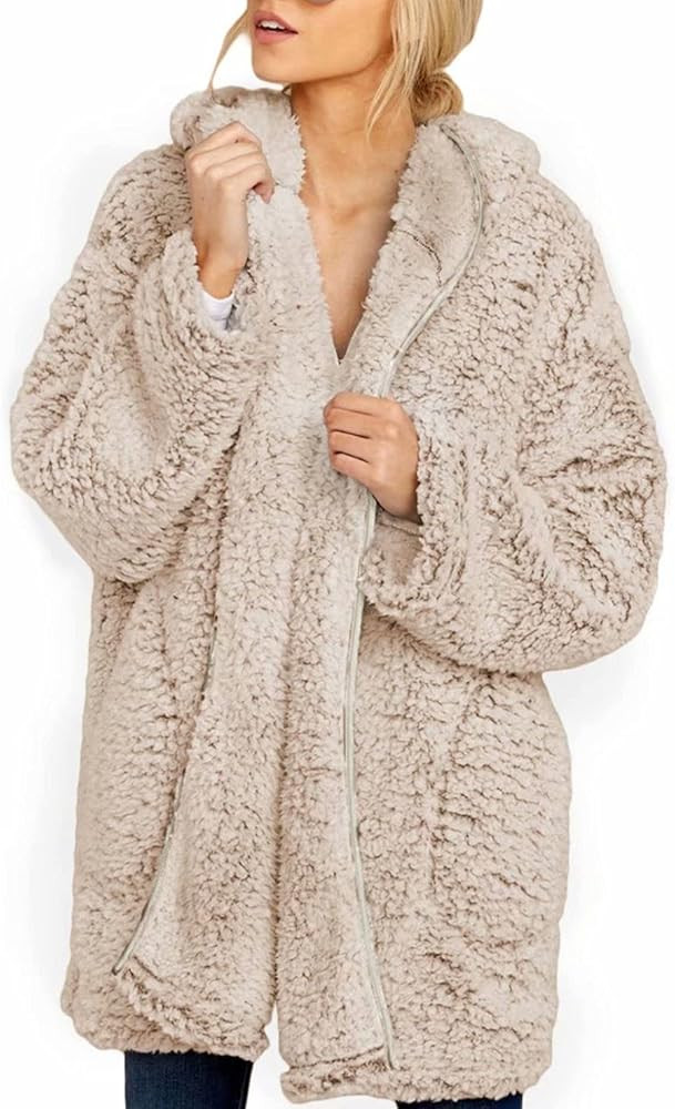 Dokotoo Womens Long Sleeve Solid Fuzzy Fleece Open Front Hooded Cardigans Jacket Coats Outwear with  | Amazon (US)