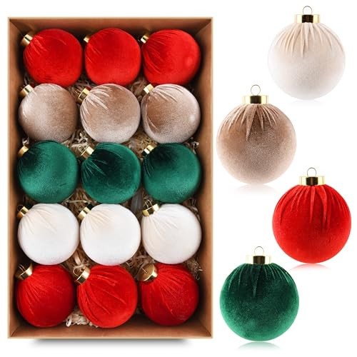 Velvet Christmas Balls Ornaments for Tree - 15pcs Shatterproof Christmas Ornaments for Xmas Trees Decorations - Multicolor Red Green Brown Beige, 80mm 3.15inch | Amazon (US)