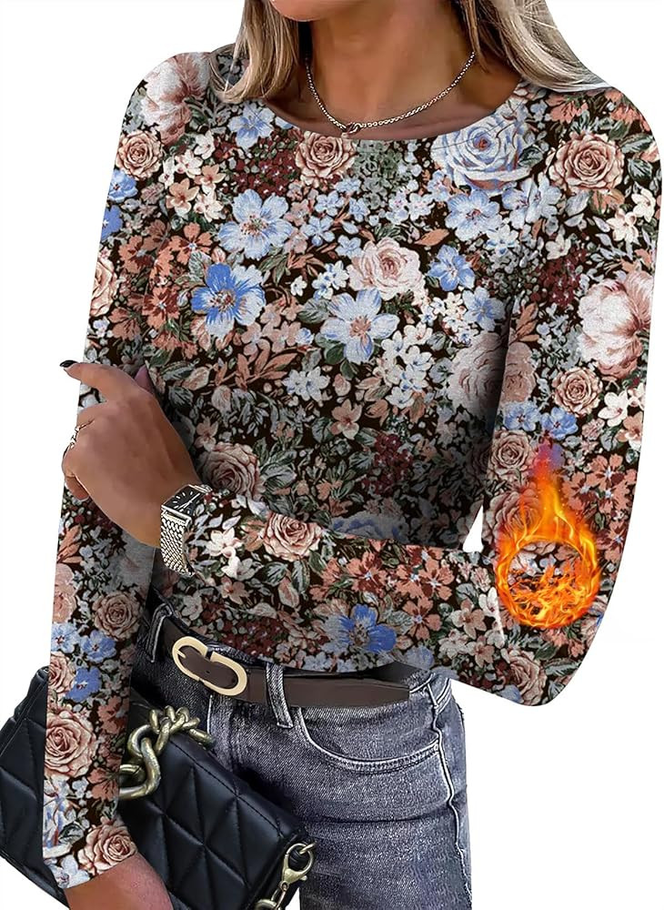 WIHOLL Long Sleeve Thermal Shirt for Women Light Fleece Tops Spring 2026 Crew Neck Casual Basic T... | Amazon (US)