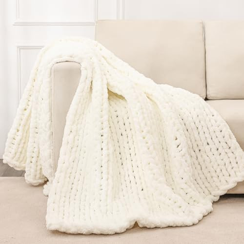 Bigacogo Chunky Knit Throw Blanket for Couch, 60x80 inches, 100% Hand Knitted with Thick Jumbo Chenille Yarn, Cozy Soft Large Rope Knot Cable Crochet Blankets for Sofa Bed Living Room, Ivory | Amazon (US)