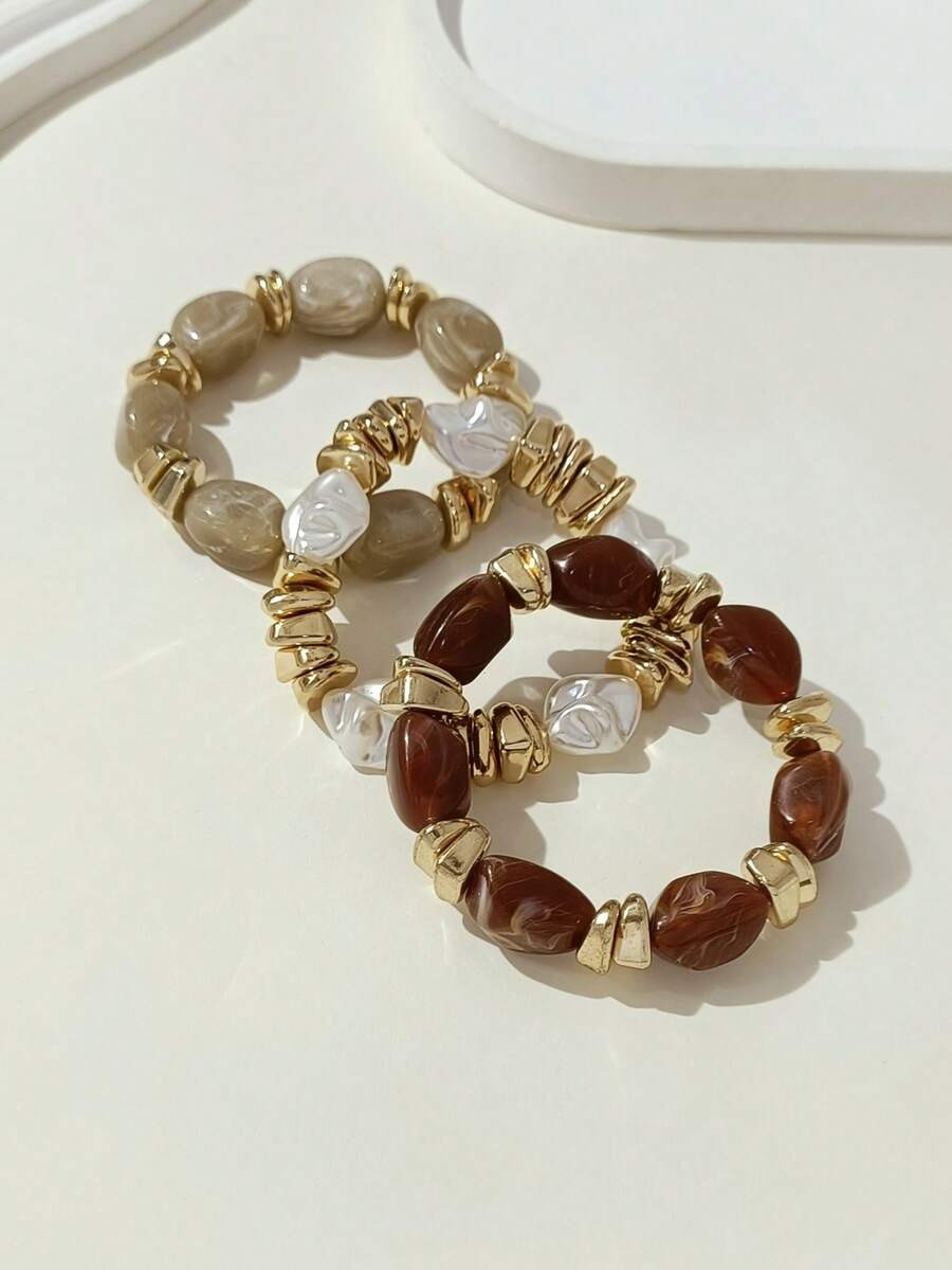 3pcs/Set Fashionable Vintage Bohemian Thick Multi-Layer Faux Pearl & Acrylic Beaded Bracelet With... | SHEIN