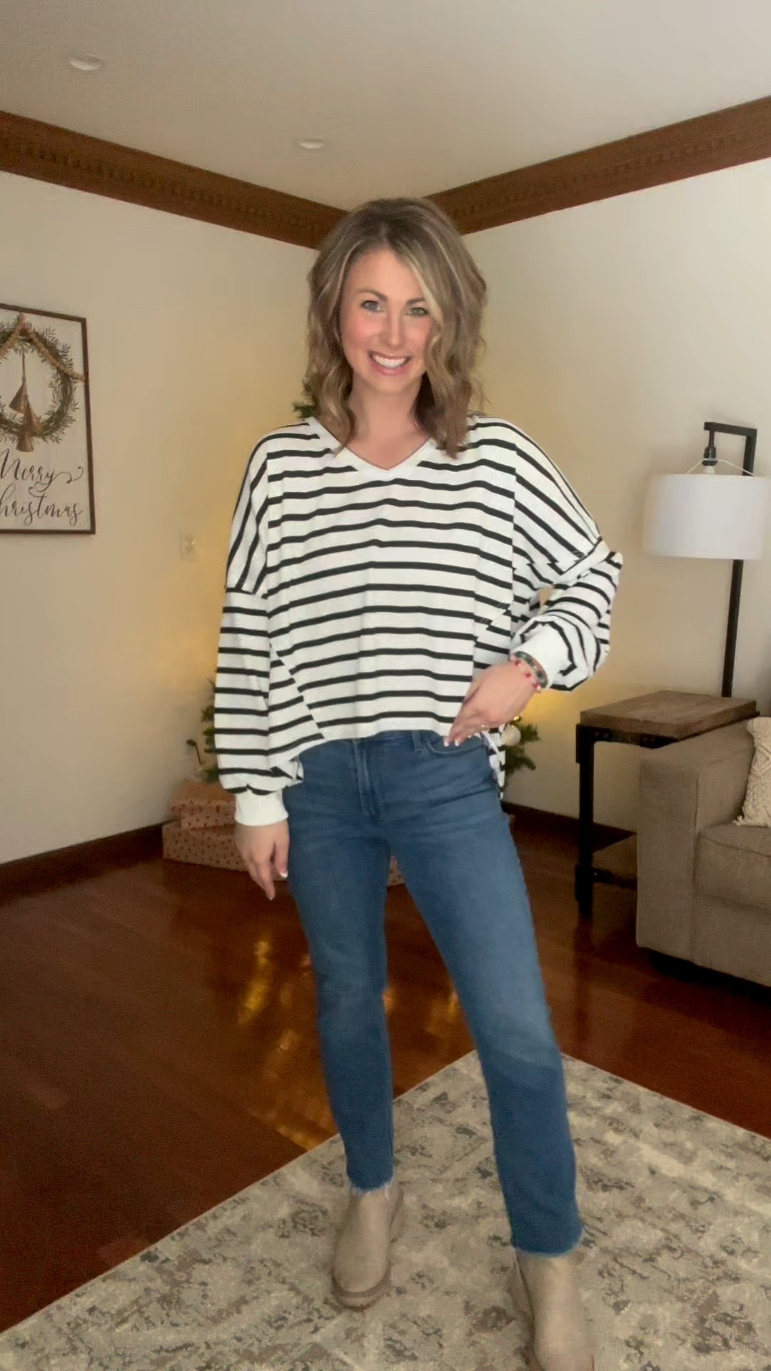 Stripes are having a moment 😍 wearing size large in both, soft and thin perfect for layering or wearing alone. Showing other ways to style the black and white striped top in stories! // #atthealiway #momstyle #walmartstyle #mintreusfashion #affordablestyle 

#LTKootd #LTKMidsize #LTKSaleAlert