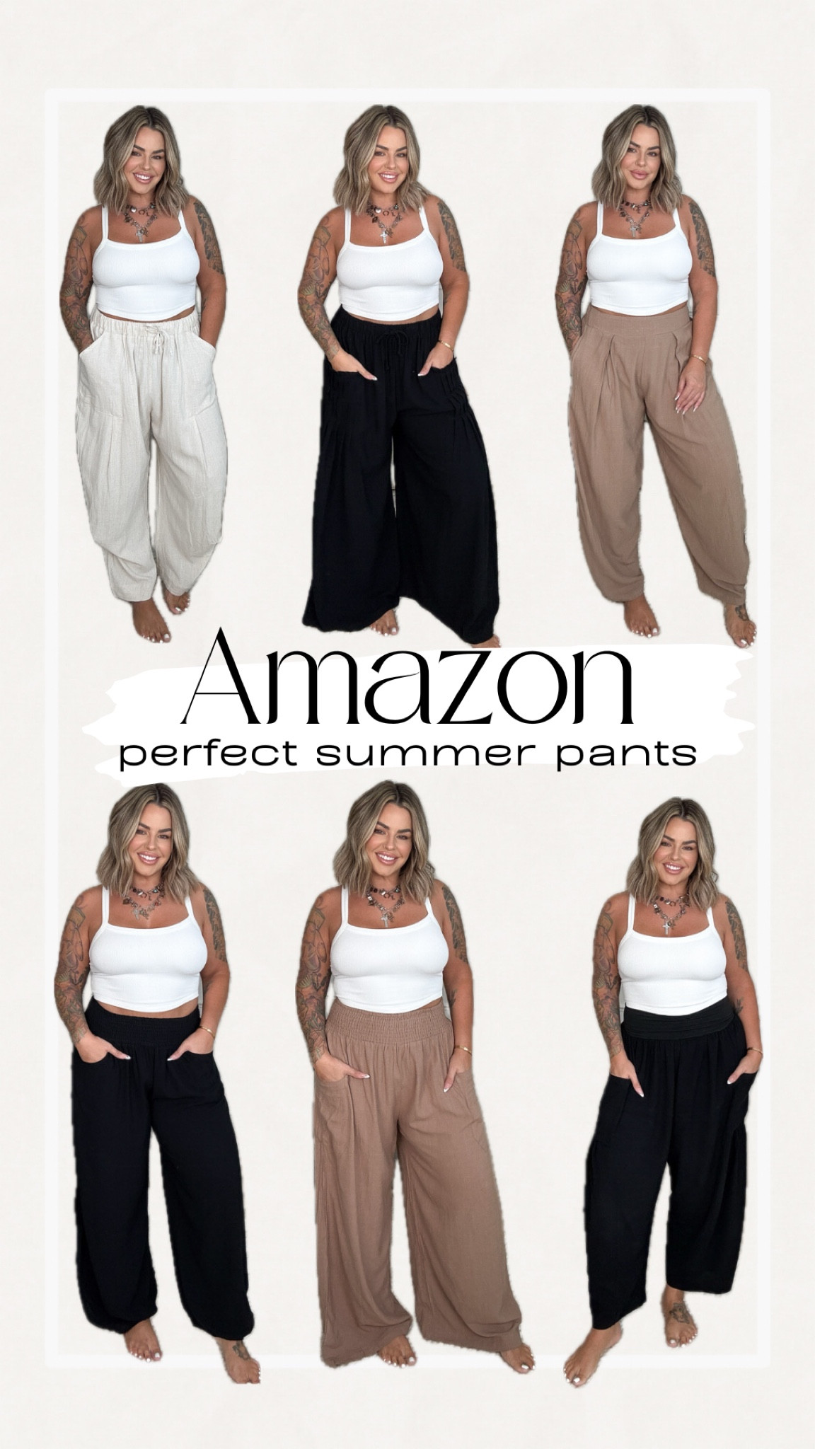 Doing the wide leg full length pants in L but needed M , also the lightest tan pants I’m doing in a L but needed a M. All other pants I’m wearing in M. I recommend sizing down in these and DO NOT DRY THEM, Hang dry only ! 

Tank M/L no bra needed just using my cakes also linked those. 

I’m 5’5 for reference and usually wear size 12 