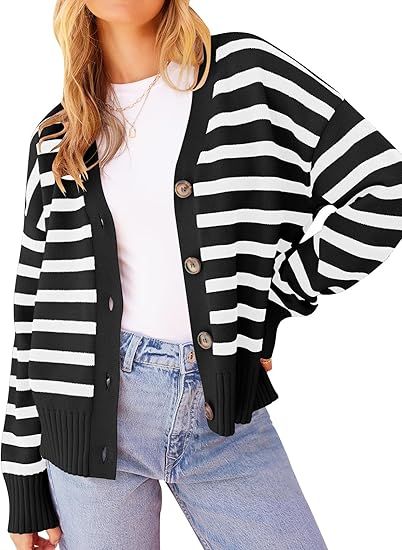 MEROKEETY Women's 2024 Long Sleeve Fall Cardigan Sweaters Striped Button Down V Neck Open Front K... | Amazon (US)