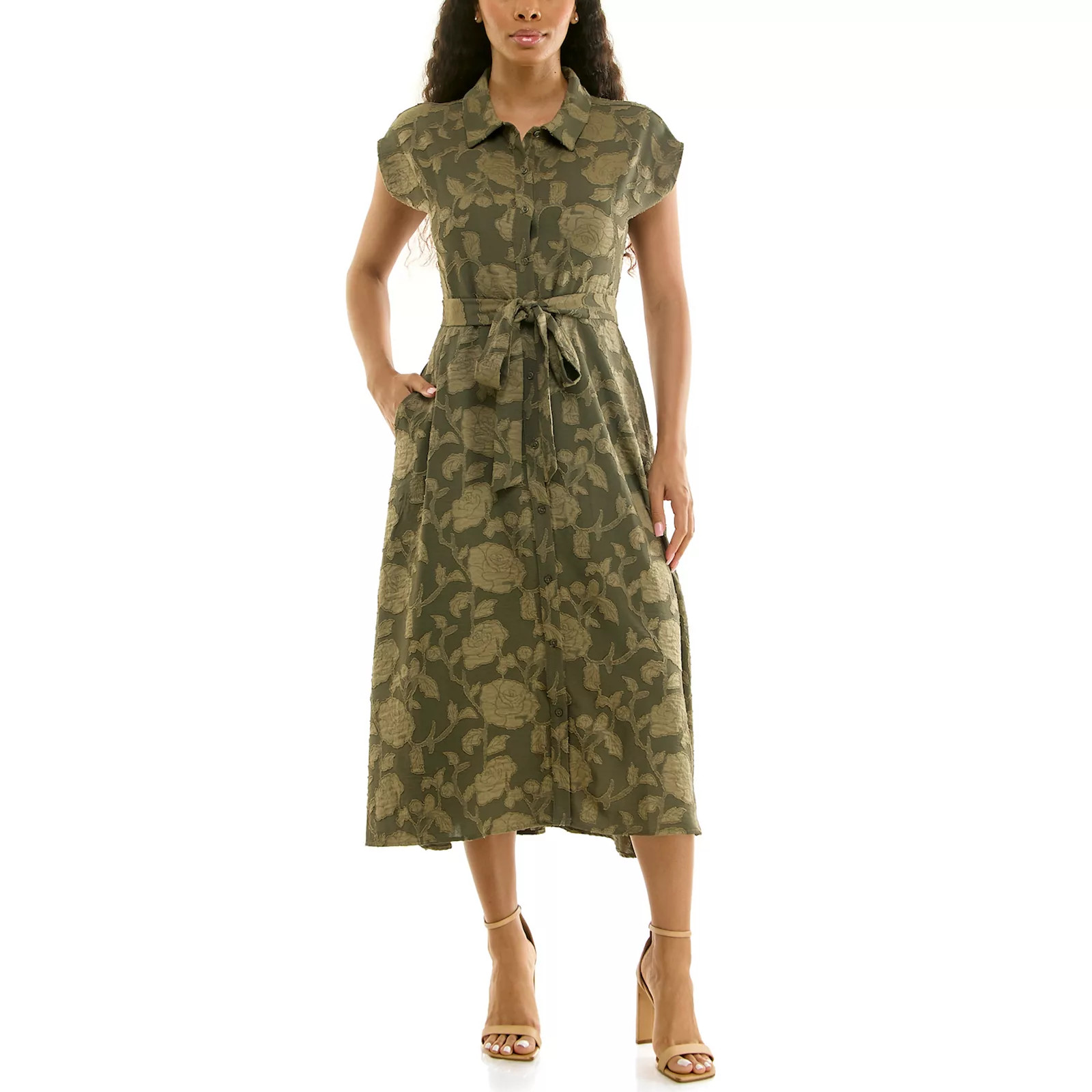 Women's Nina Leonard Button Collar Cap Sleeve Dress, Size: Medium, Dusty Green | Kohl's
