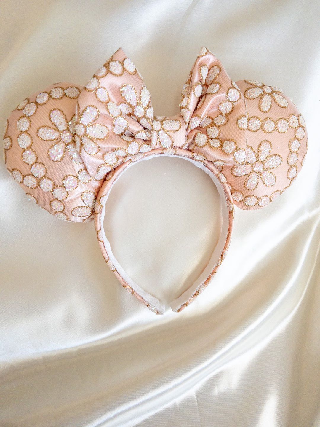 Pretty in Peach - floral glitter mouse ears, white & gold iridescent glitter princess minnie ears... | Etsy (US)