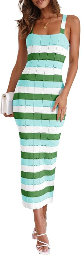 Saodimallsu Womens Striped Bodycon Midi Dress Sleeveless Square Neck Color Block Knit Summer Tank... | Amazon (US)