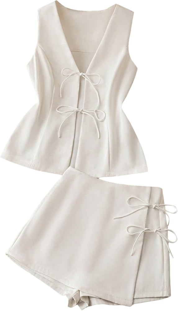 SOLY HUX Women's Summer 2 Piece Outfits Sleeveless Matching Sets Lace Up Vest and Skort Shorts | Amazon (US)