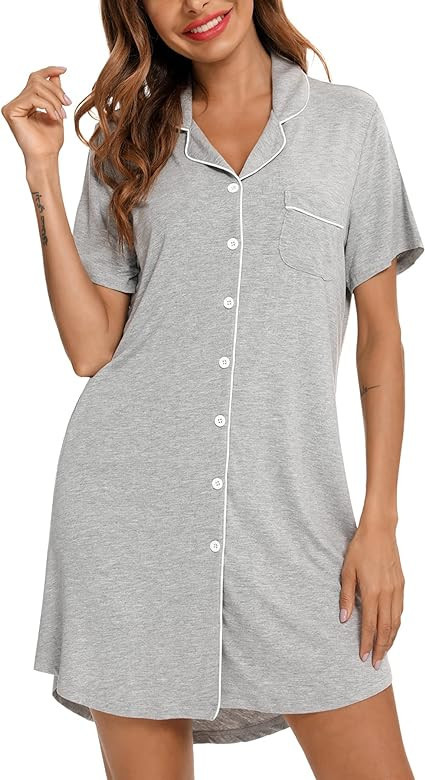 Pjmlifecoco Womens Nightgowns Short Sleeves Button Down Night Shirts Soft Sleepwear Pajama Dress ... | Amazon (US)