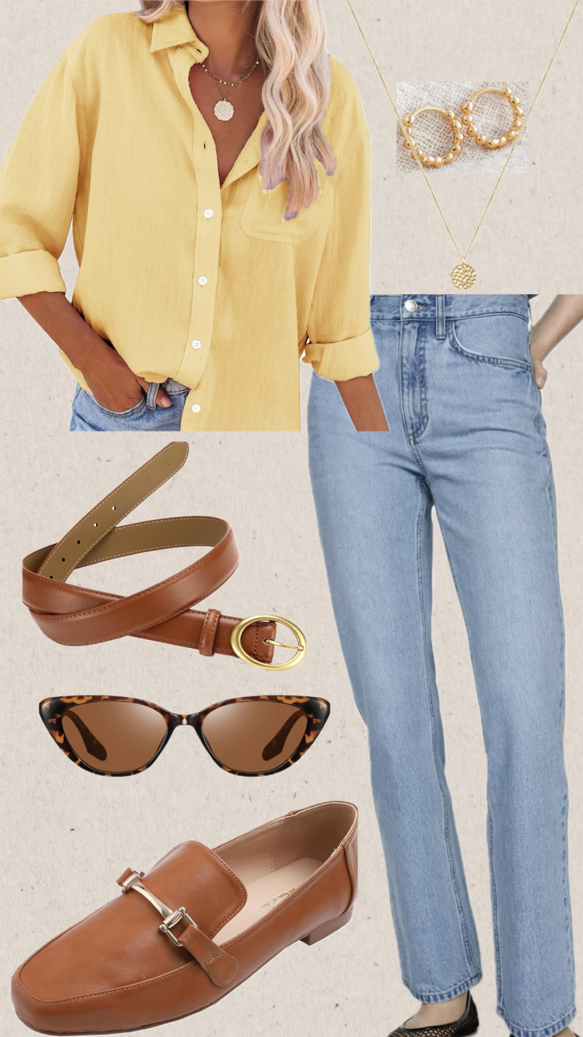 An outfit exudes effortless style and sophistication. Pair the light yellow button-down shirt with light washed straight jeans for a refreshing and laid-back vibe. Cinch the waist with a brown belt to add definition and a touch of warmth to the ensemble. Complete the look with brown loafers for a polished yet relaxed feel. Accentuate your outfit with gold jewelry for a hint of glamour and elegance. Top it off with leopard sunnies to add a playful and trendy twist. This combination effortlessly blends classic elements with modern flair, making it a standout fashion statement for any occasion.

#LTKstyletip