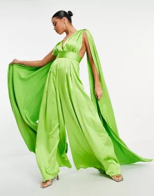 Yaura cape detail wide leg plunge jumpsuit in lime green | ASOS (Global)