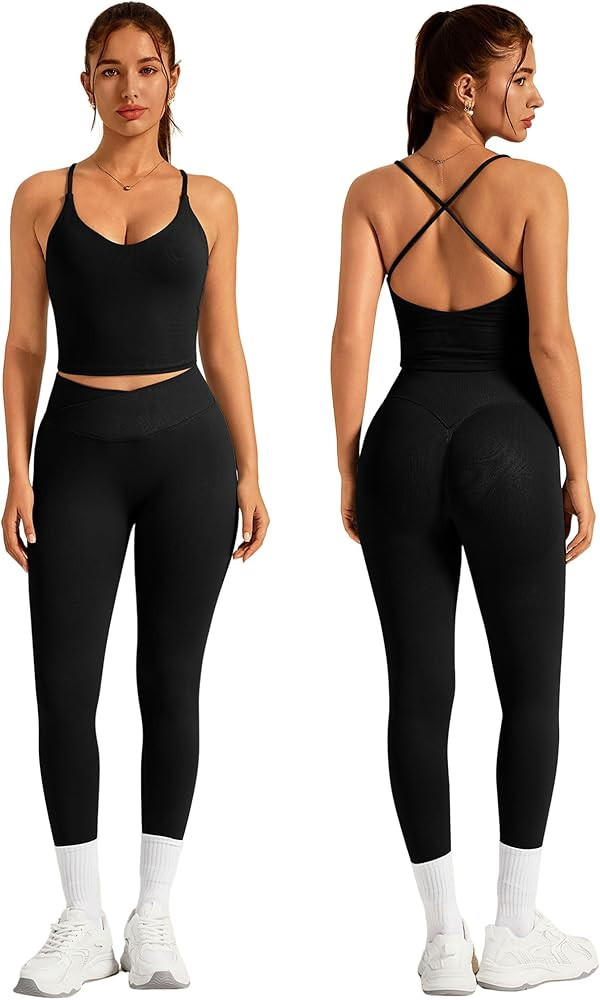 ABOCIW Womens Workout Sets 2 Piece Seamless Strappy Tank Top Crossover Waist Leggings Gym Sets Ac... | Amazon (US)