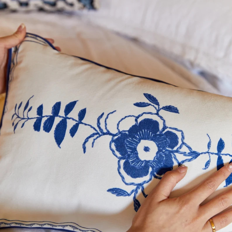 Embroidery Floral Throw Pillow Cover Blue Retro Pillowcase Waterproof Pillowcase Minimalist Art f... | Etsy (US)