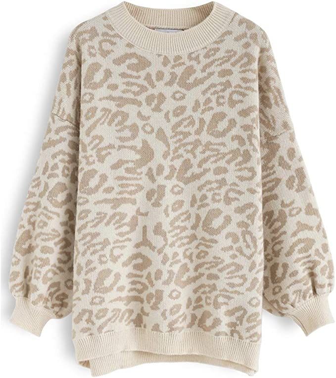 Chicwish Women's Comfy Casual Ivory Leopard Oversize Knit Pullover Sweater | Amazon (US)