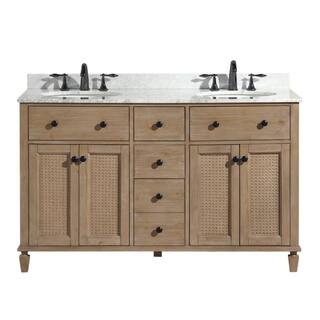 Annie 55 in. W x 22 in. D x 34.5 in. H Double Bath Vanity in Weathered Fir Marble Top in Carrara White with White Basin | The Home Depot