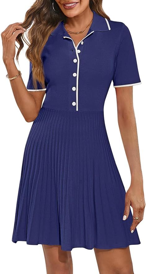 MEROKEETY Women's Summer Ribbed Knit Midi Dresses Short Sleeve V Neck Button A Line Swing Sweater... | Amazon (US)