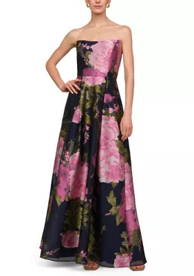 Kay Unger Women's Sleeveless Strapless Metallic Floral Maxi Gown, 10 | Belk
