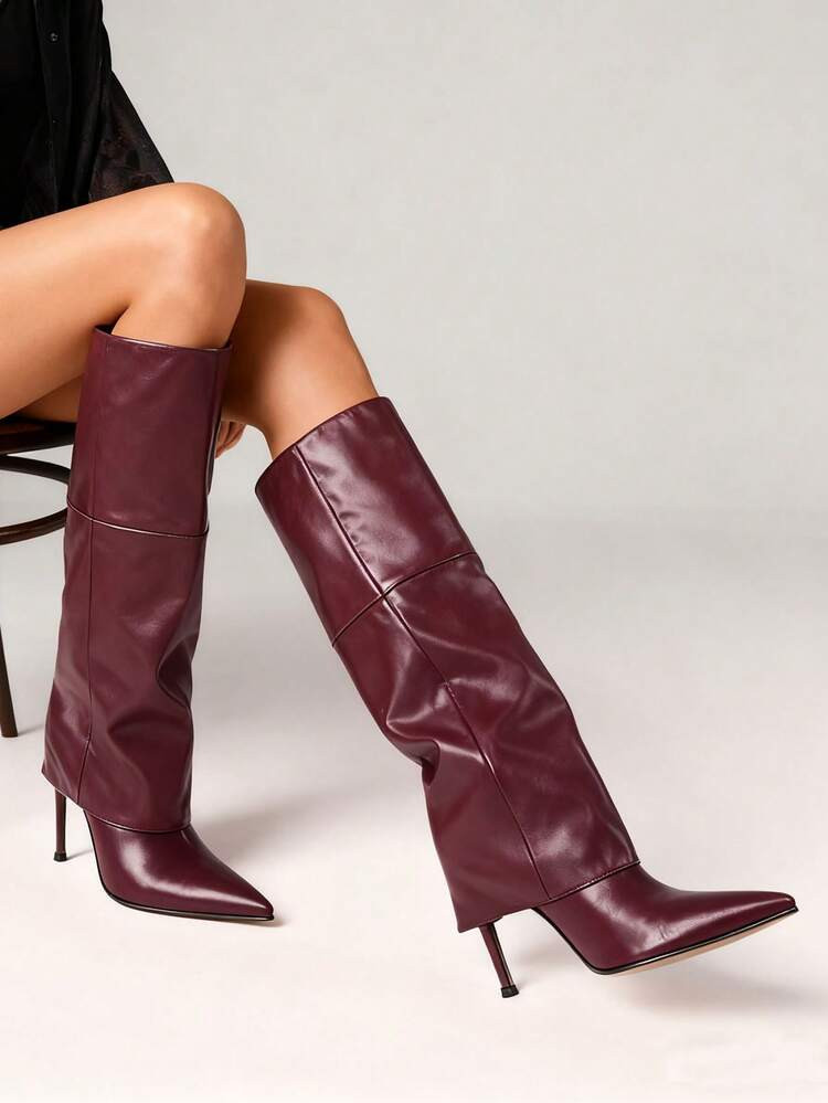 Women's Knee High Fold Over Shark Boots Fashion Pointed Toe Stiletto High Heels Pull On Party Dress Sexy Fall Boots Woman | SHEIN