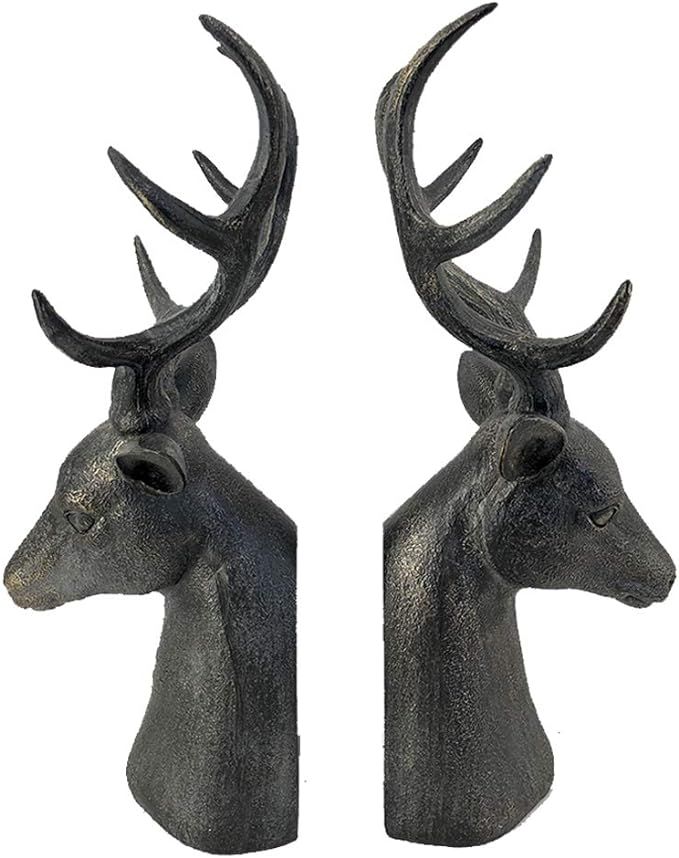 Comfy Hour Farmhouse Collection Resin Set of 2, Deer Head Art Bookends, Solid Heavy Weight, Black | Amazon (US)