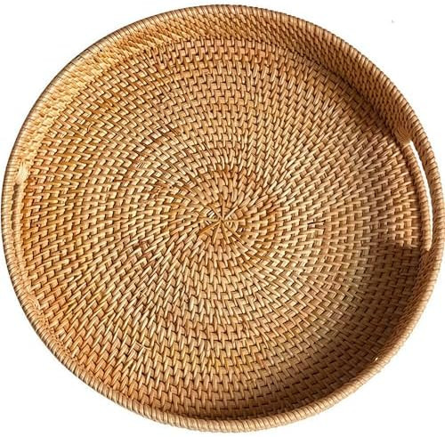 16.9" Round Rattan Tray, Hand Woven Serving Tray with Handles, Wicker Serving Basket, Decorative ... | Amazon (US)