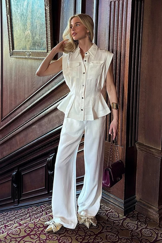 Premium Viscose Linen Topstitch Woven Blouse With Waist Seam Detail | Karen Millen UK + IE + DE + NL