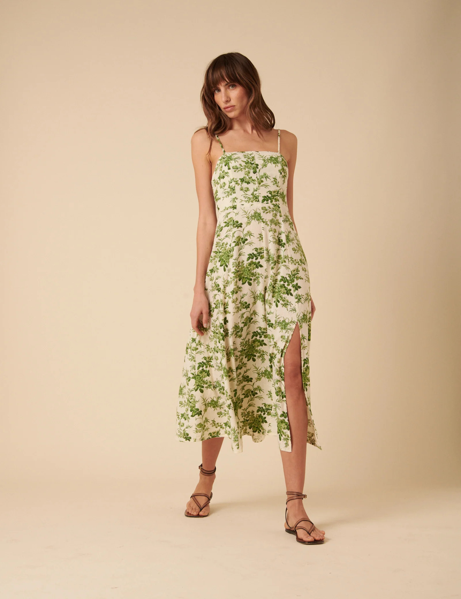 Cream Linen-blend Floral Maxine Midi Dress | Nobody's Child