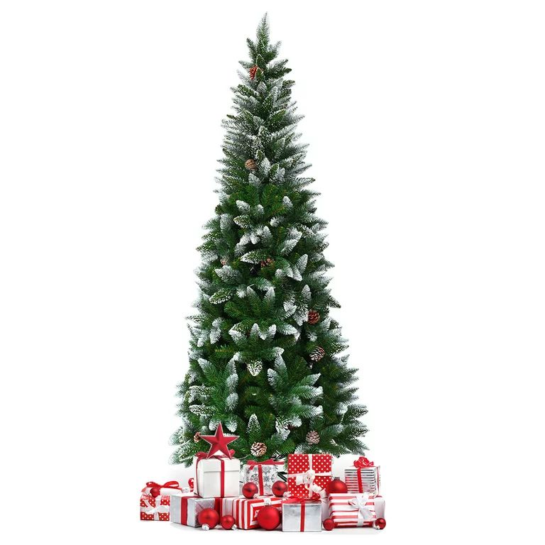 Topbuy 7.5'Artificial Pencil Christmas Tree Snow Flocked Tree w/ Pine Cones and Metal stand - Wal... | Walmart (US)