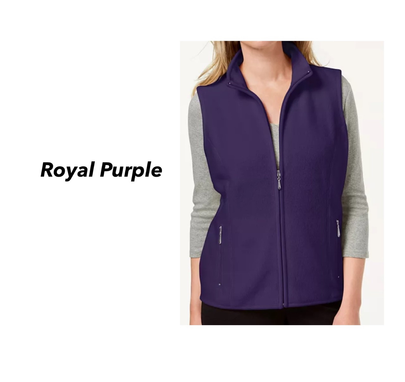 Fleece vest by Karen Scott in ‘cassis’ from Macys 

Royal Purple

#LTKworkwear #LTKstyletip #LTKtravel