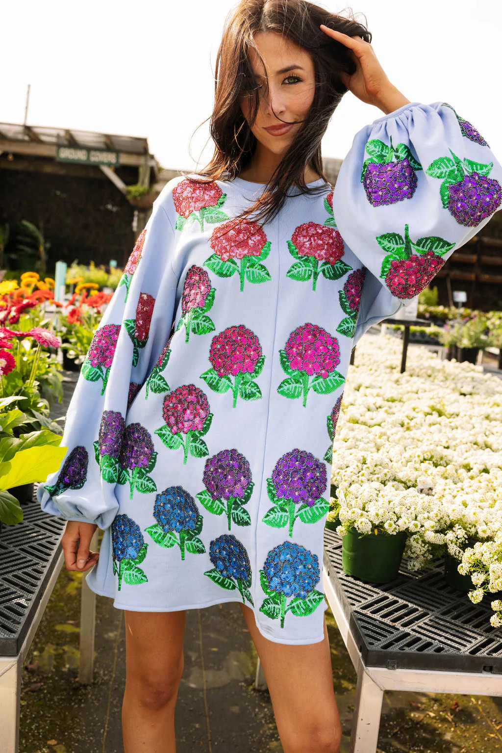 Light Blue Scattered Hydrangea Balloon Sleeve Dress | Queen of Sparkles