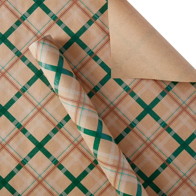 Holiday Time Green Diagonal Plaid Kraft Wrapping Paper, Christmas, Natural, 30 inches Wide, | Walmart (US)