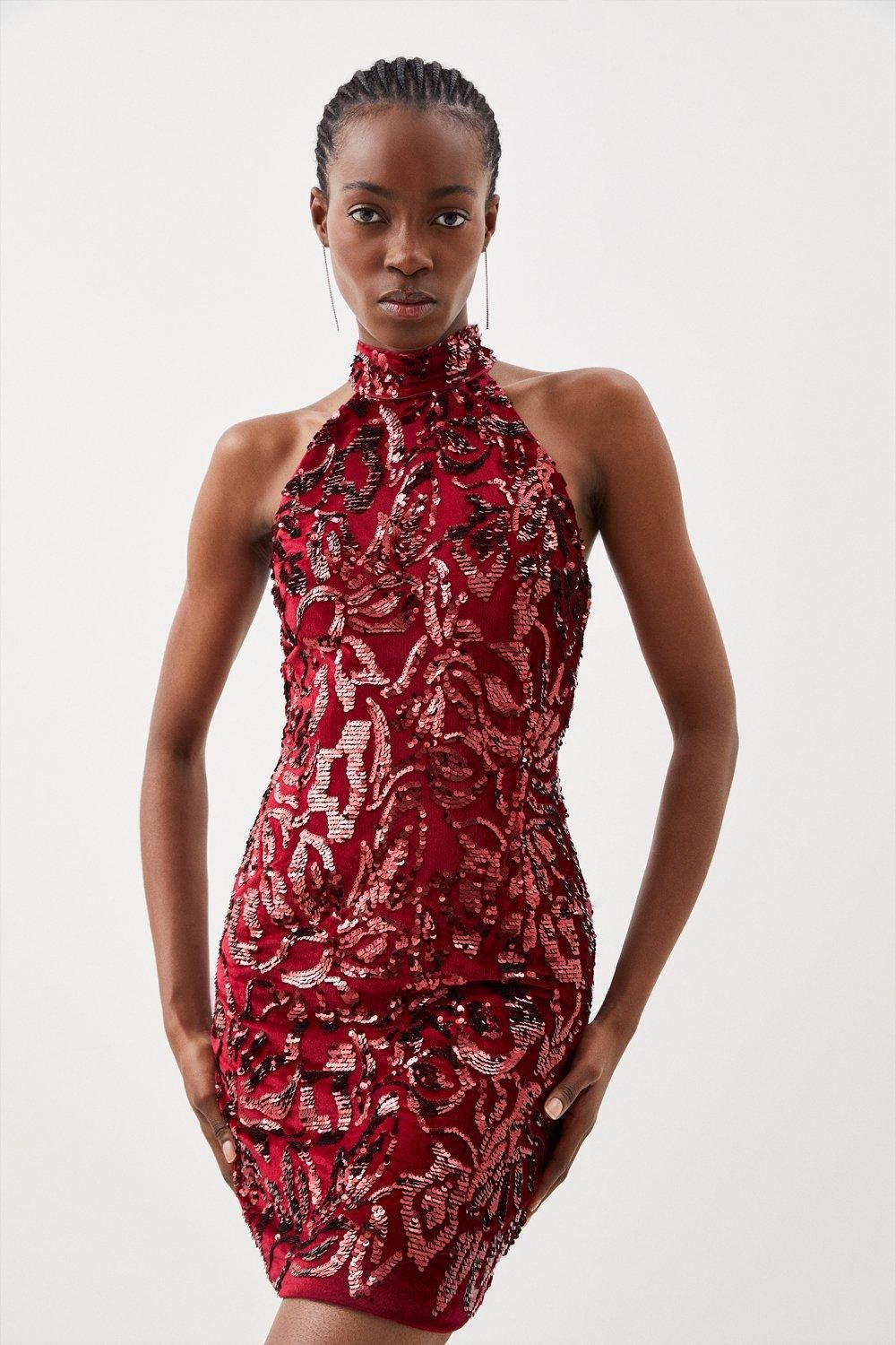 Velvet Sequinned Halter Woven Mini Dress | Karen Millen UK + IE + DE + NL