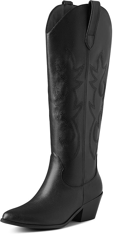 Erocalli Cowboy Boots for Women Embroidered Pull-On Chunky Stacked Heel Cowgirl Knee High Western Bo | Amazon (US)