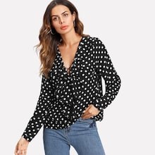 Polka Dot Lace Up Ruffle Blouse | SHEIN