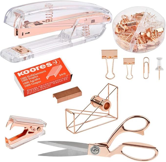 Rose Gold Desk Accessories ,Rose Gold Stapler and Tape Dispenser , Scissors, Paper Clips,Tape Dis... | Amazon (US)