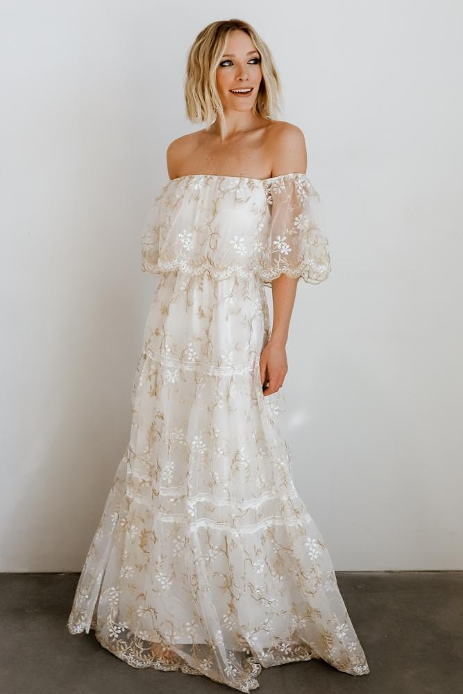 Aurora Gold Thread Off Shoulder Maxi Dress | Baltic Born