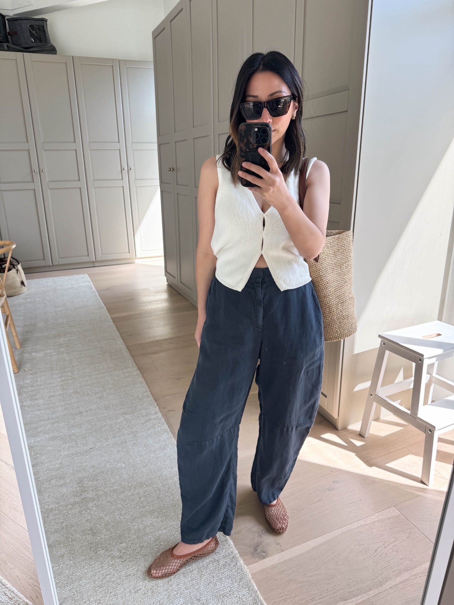 Elevated warm-weather outfit idea. 

Aritzia knit tank small
Velvet linen pants xs - petite-friendly!
Staud netted flats 35
J.crew bucket bag
Celine sunglasses 
Dorsey James necklace 15”
Quince earrings 

Petite style, spring outfits 2026, bring break outfit

#LTKootd #LTKmomlife #LTKPetite