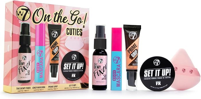 W7 On the Go Cuties Gift Set - Mini Makeup Essentials with Primer, Mascara, Setting Spray, Loose ... | Amazon (US)