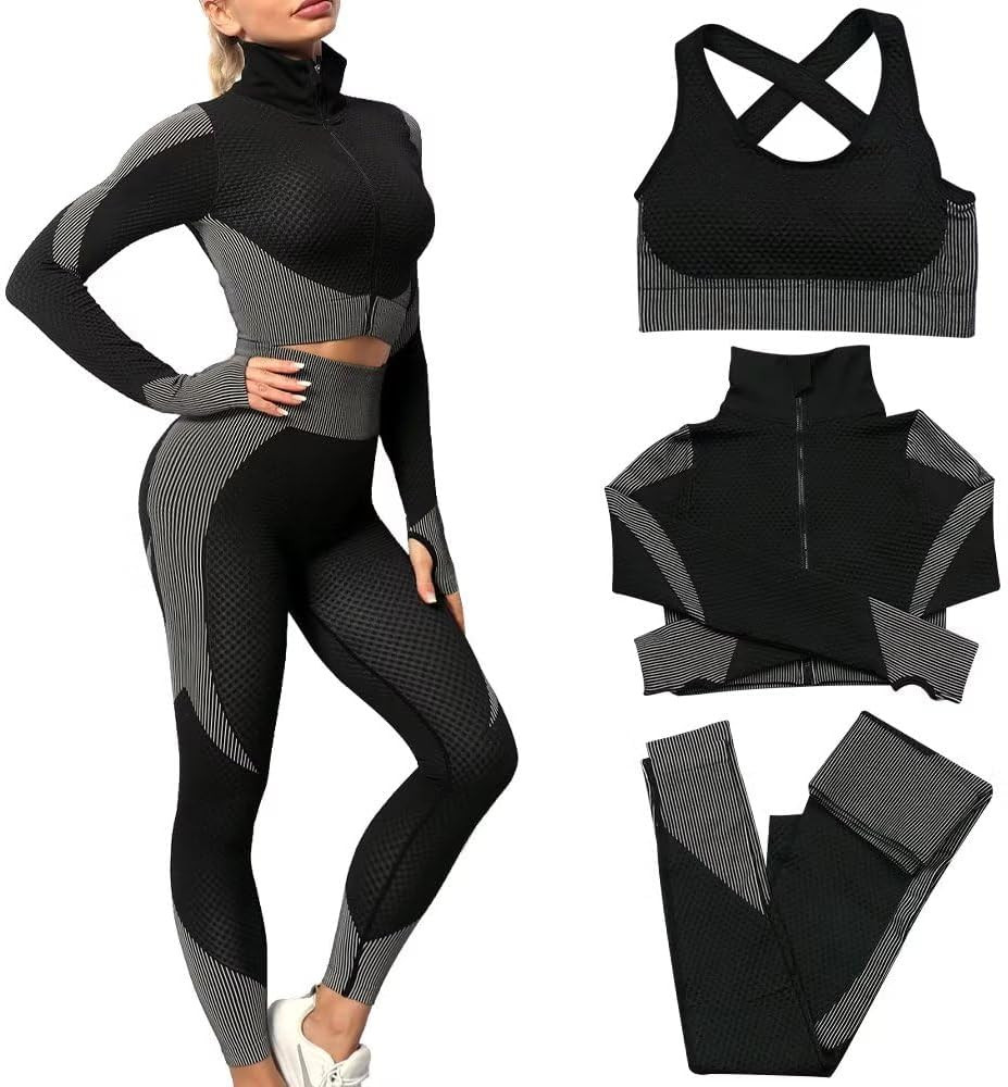 Women's 3pcs Seamless Workout Outfits Sets, Yoga Sportswear Tracksuit Leggings and Stretch Sports... | Amazon (US)