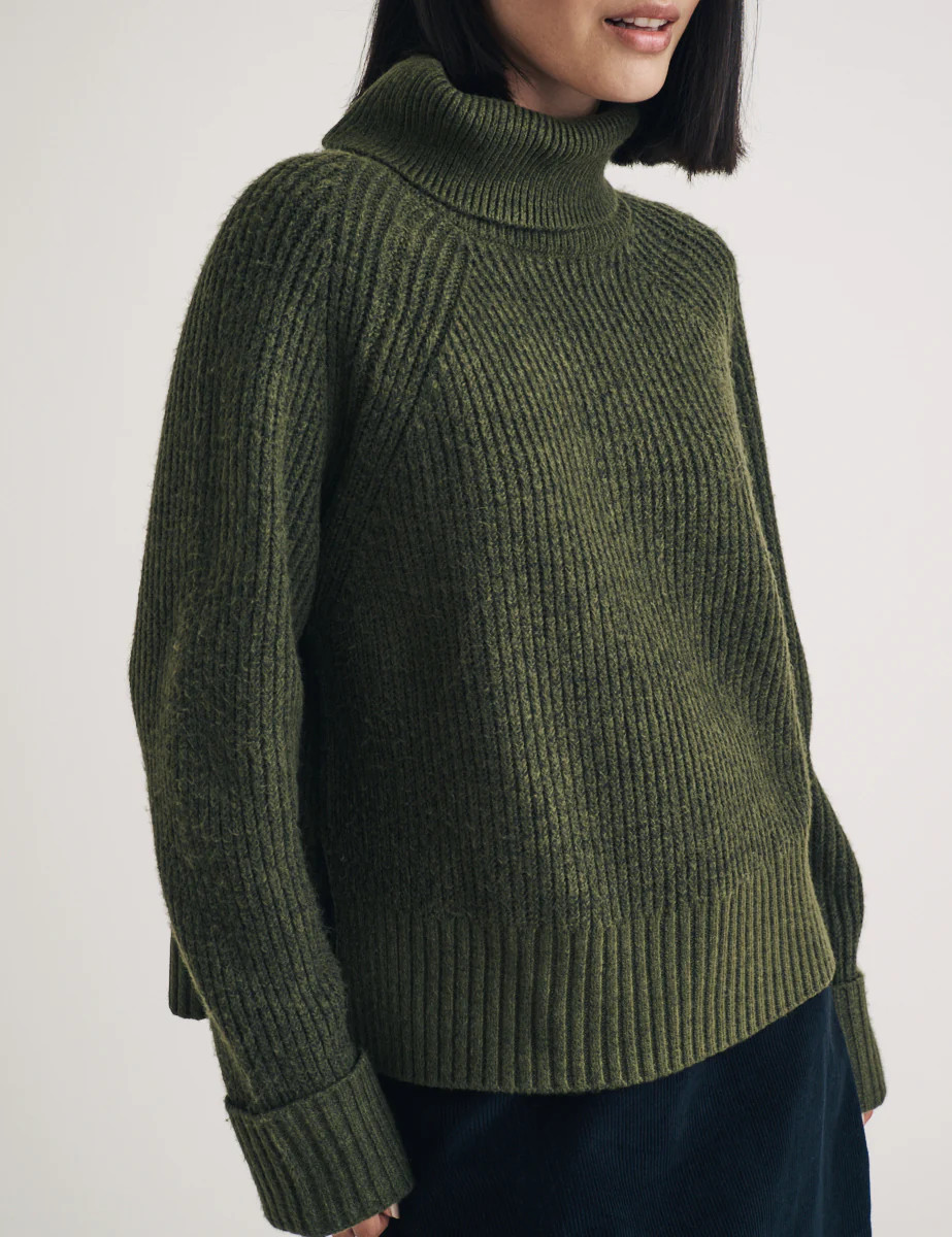 Khaki Ribbed Chunky Knitted Roll Neck Jumper | Nobody's Child