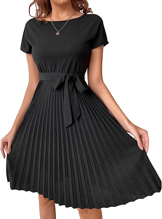 Verdusa Women's Elegant Pleated Short Sleeve High Waist Belted A Line Short Dress | Amazon (US)
