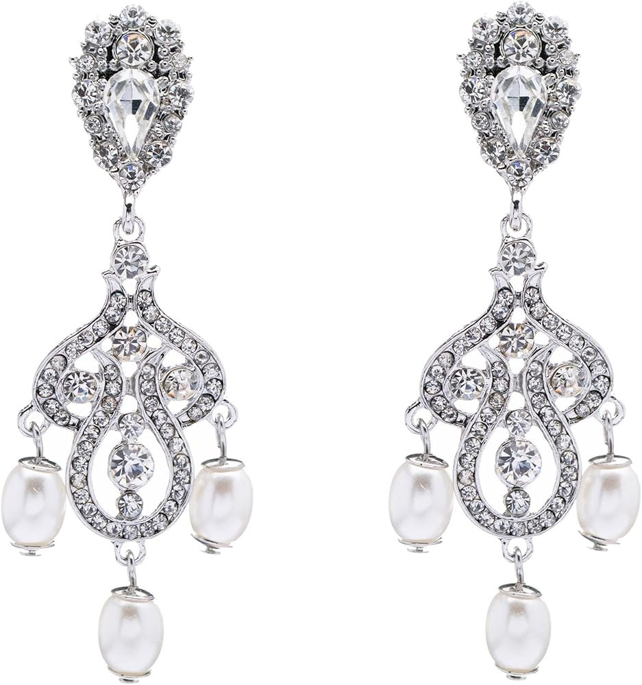 Bridal Wedding Jewelry Crystal Rhinestone Pearl Vintage Dangle Earrings White | Amazon (US)
