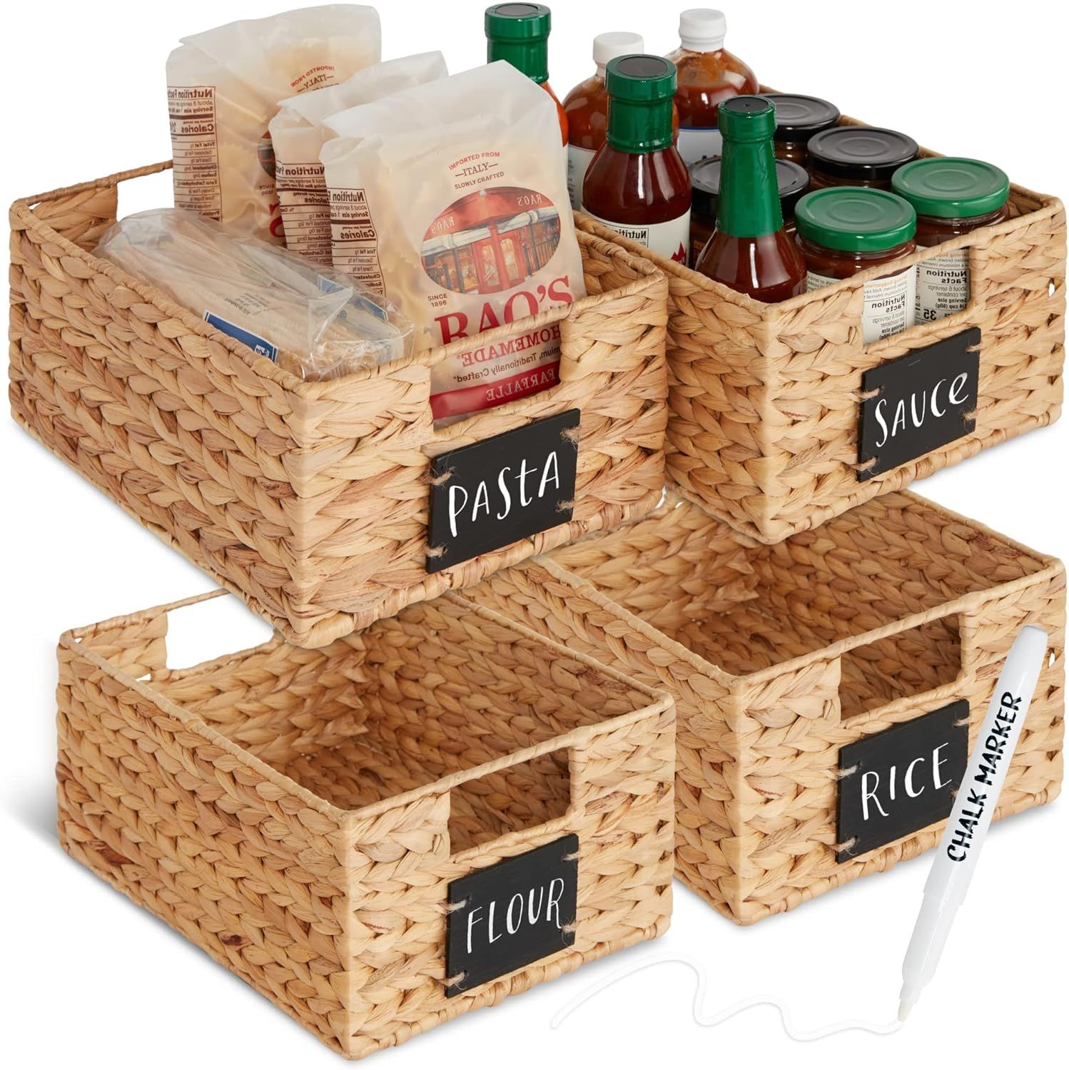 Best Choice Products Set of 4 9x12in Water Hyacinth Pantry Baskets, Woven Kitchen Organizers w/Ch... | Amazon (US)