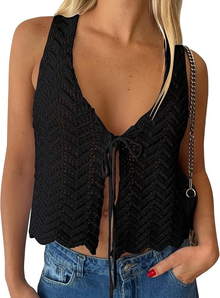 LILLUSORY Crochet Tops for Women Summer Vacation Outfits Beach Cover Up Going Out Tie Front Sprin... | Amazon (US)