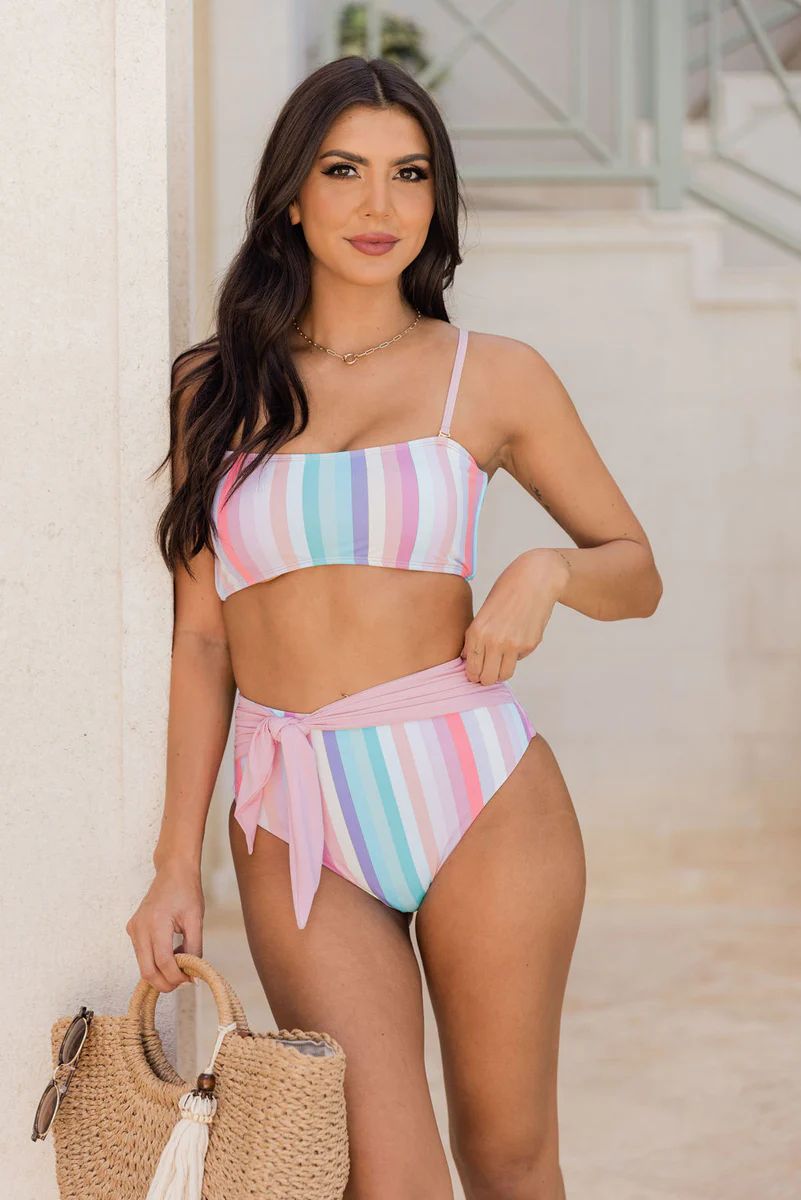 High Tides And Good Vibes Multi Stripe Bikini Top | Pink Lily