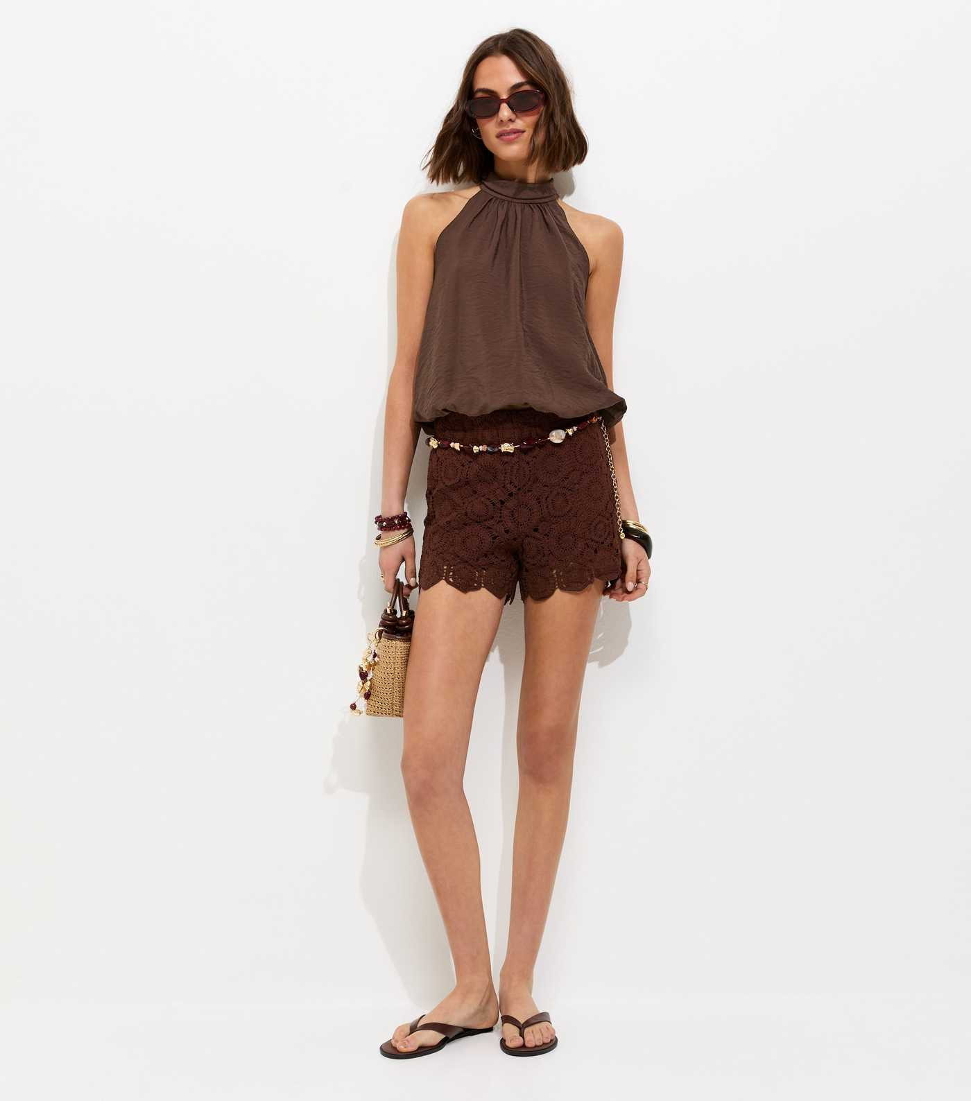 Dark Brown Tie Neck Cropped Bubble Hem Blouse | New Look | New Look (UK)